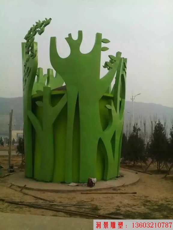 不銹鋼雕刻樹林雕塑，綠樹林假景雕塑2