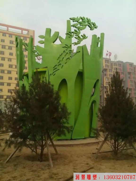 不銹鋼雕刻樹林雕塑，綠樹林假景雕塑3